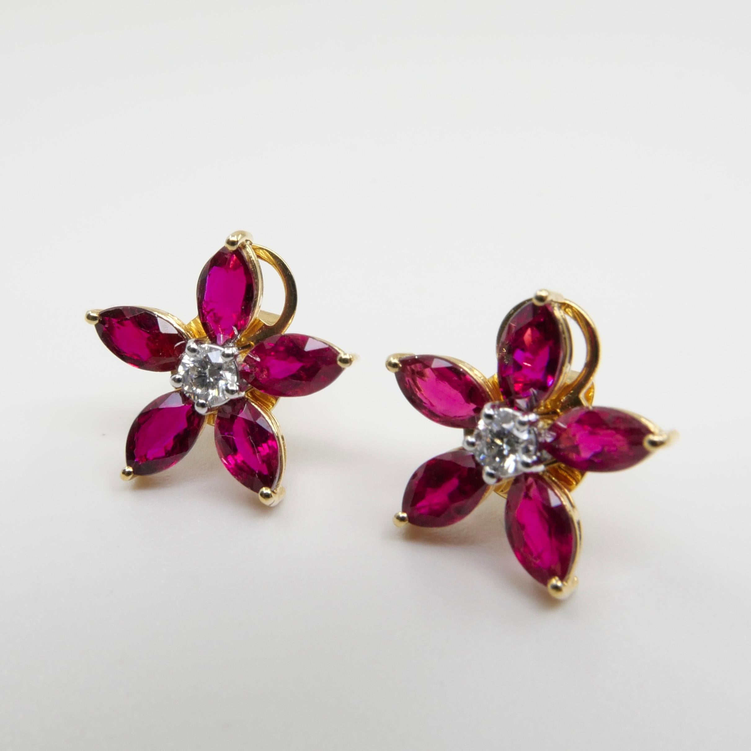 Red Ruby and Diamond Flower Stud Earrings, Simple and Elegant, 18K Yellow Gold  In New Condition For Sale In Hong Kong, HK
