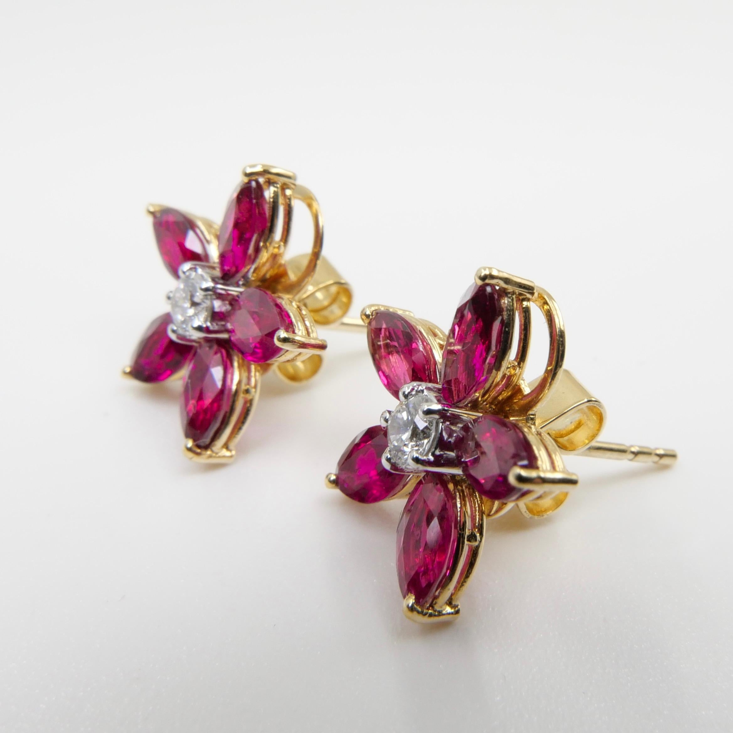 Women's Red Ruby and Diamond Flower Stud Earrings, Simple and Elegant, 18K Yellow Gold  For Sale