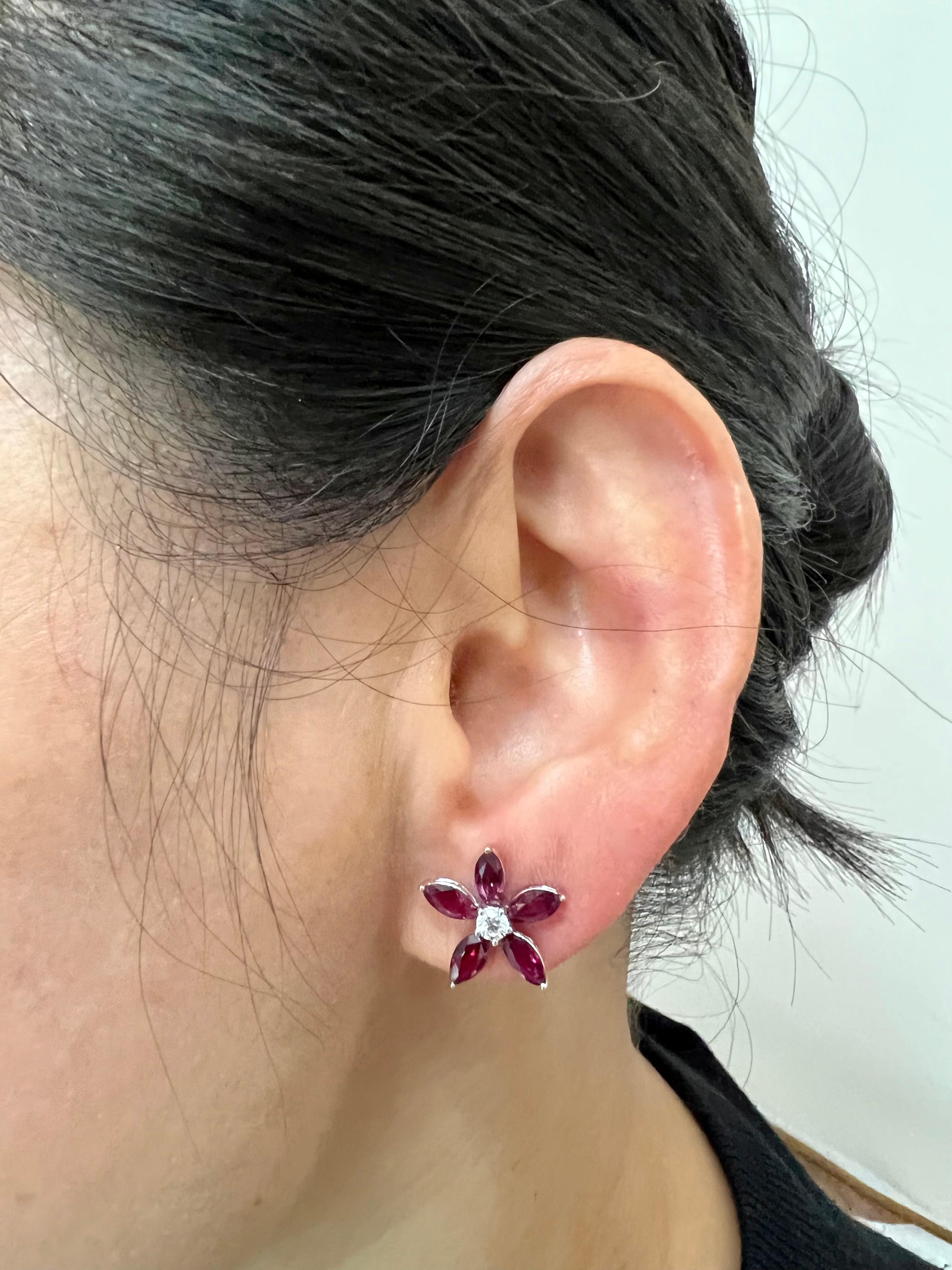 Marquise Cut Red Ruby And Diamond Flower Stud Earrings. Simple And Elegant.  For Sale