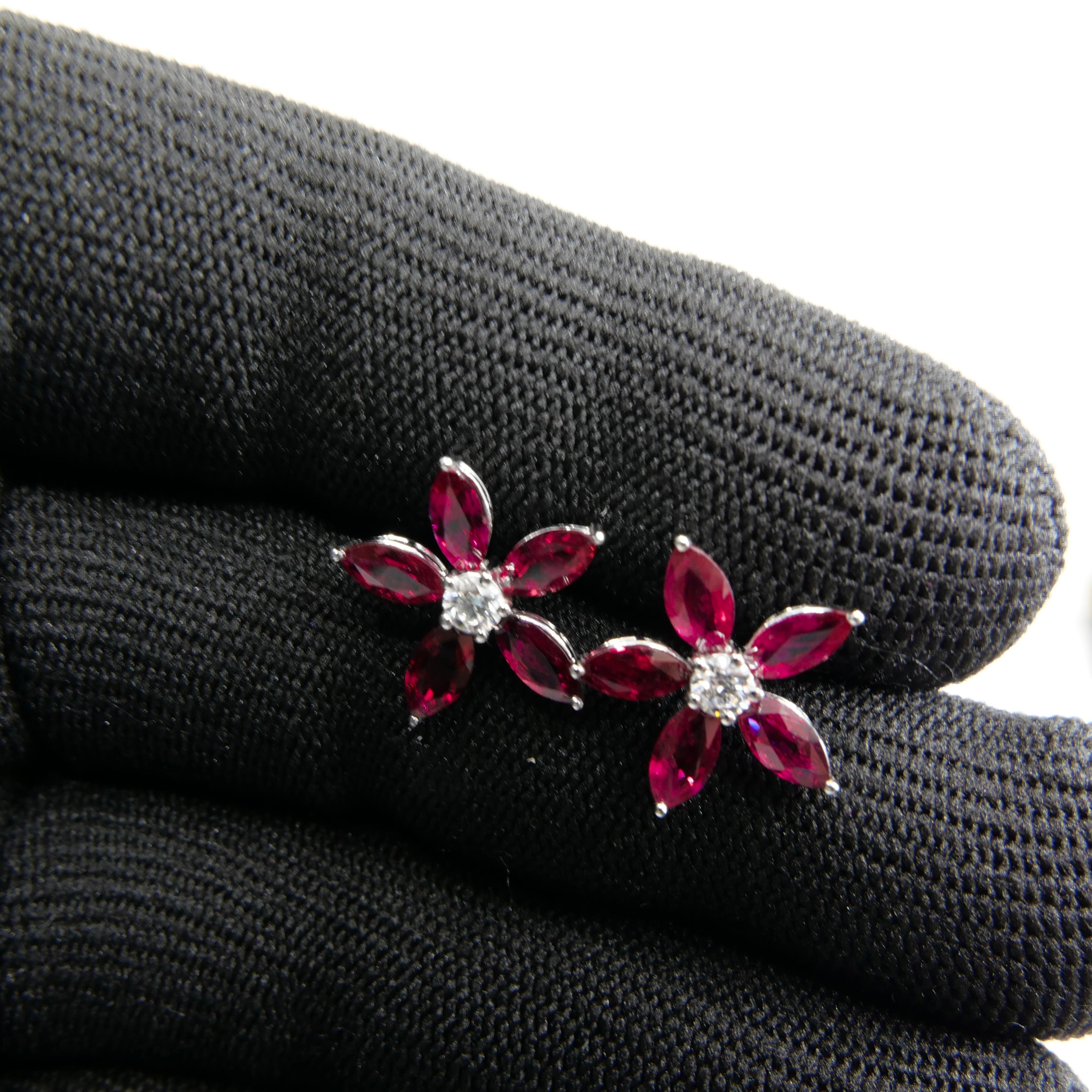Red Ruby And Diamond Flower Stud Earrings. Simple And Elegant.  For Sale 2