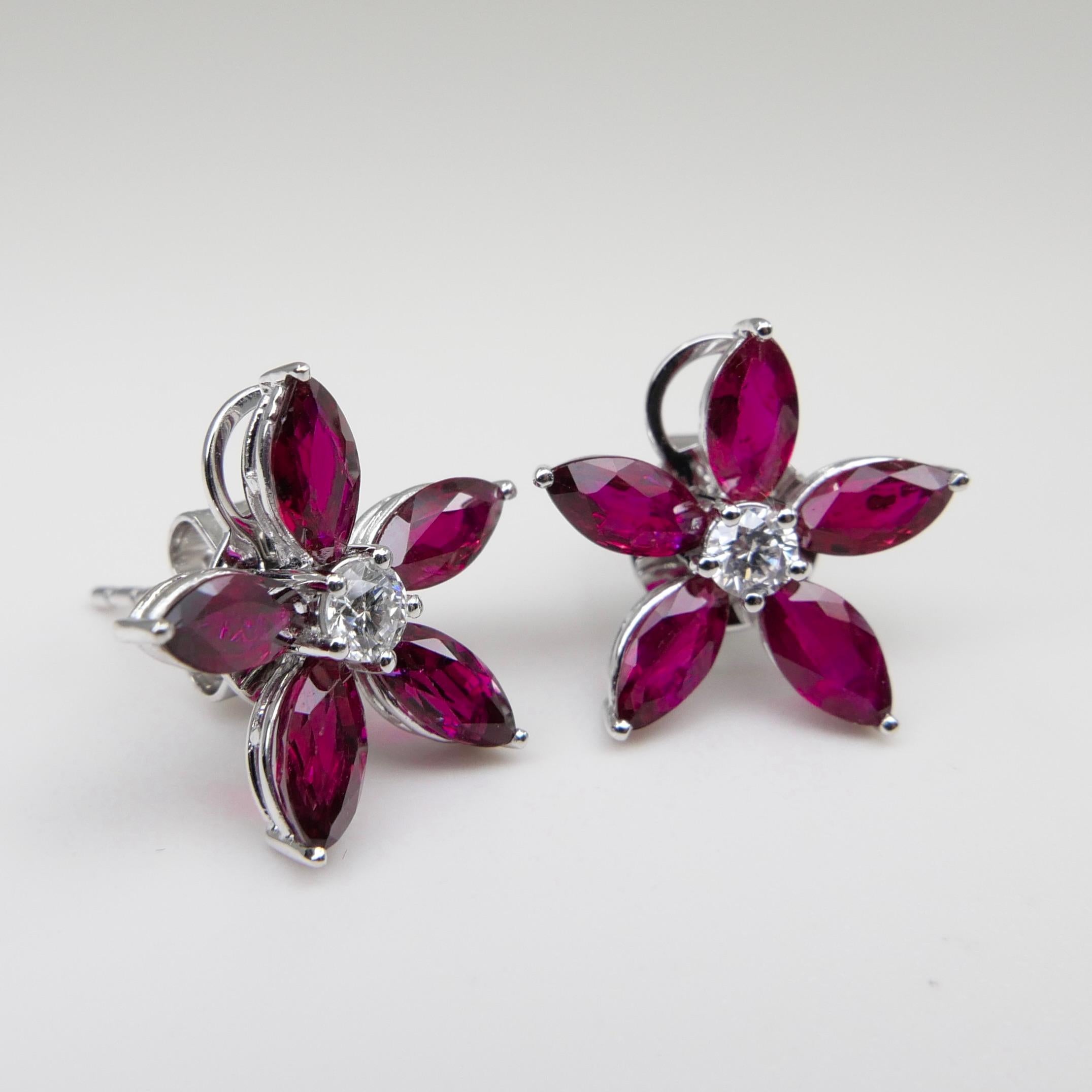 Red Ruby And Diamond Flower Stud Earrings. Simple And Elegant.  For Sale 3
