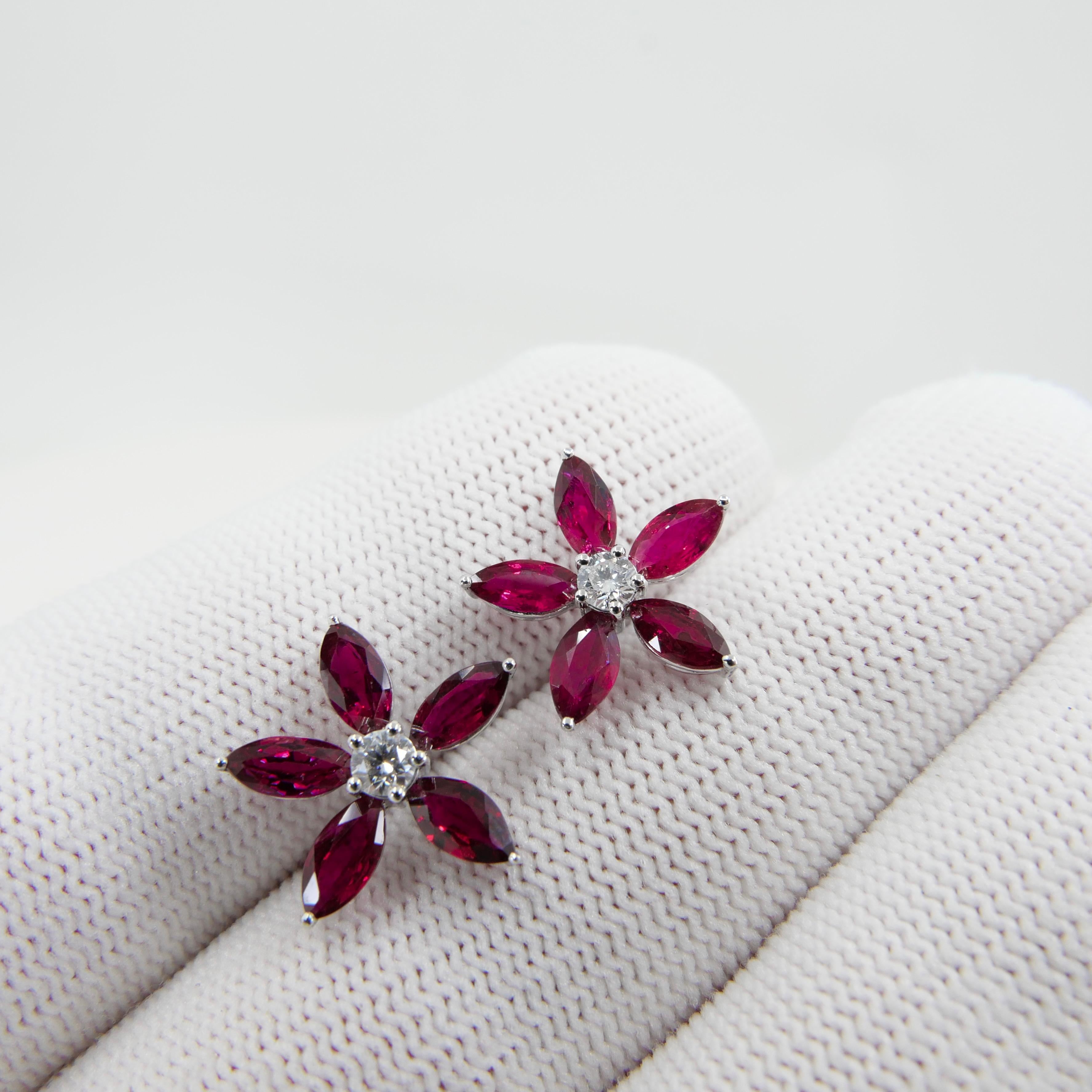 Red Ruby And Diamond Flower Stud Earrings. Simple And Elegant.  For Sale 5
