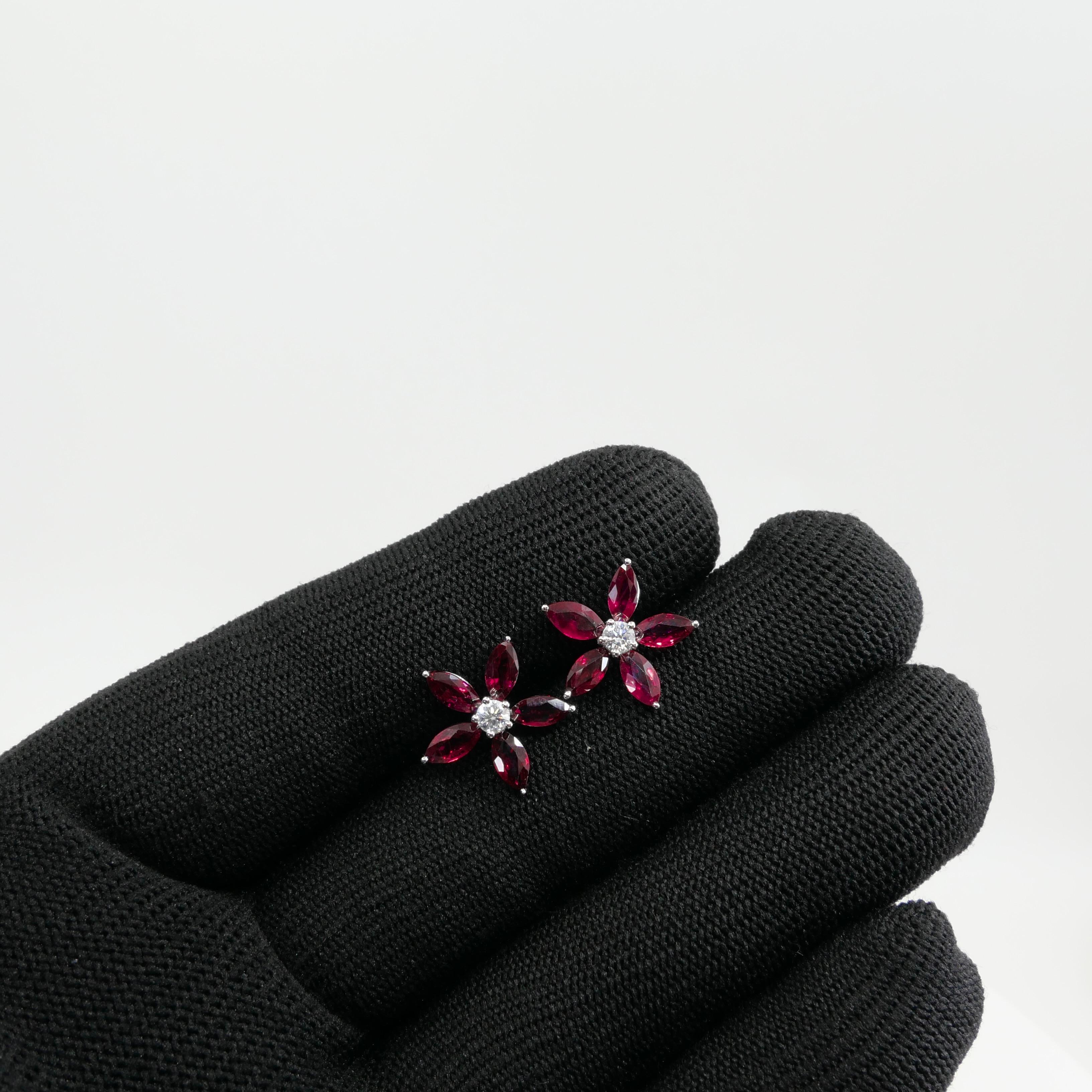 Red Ruby And Diamond Flower Stud Earrings. Simple And Elegant.  For Sale 8