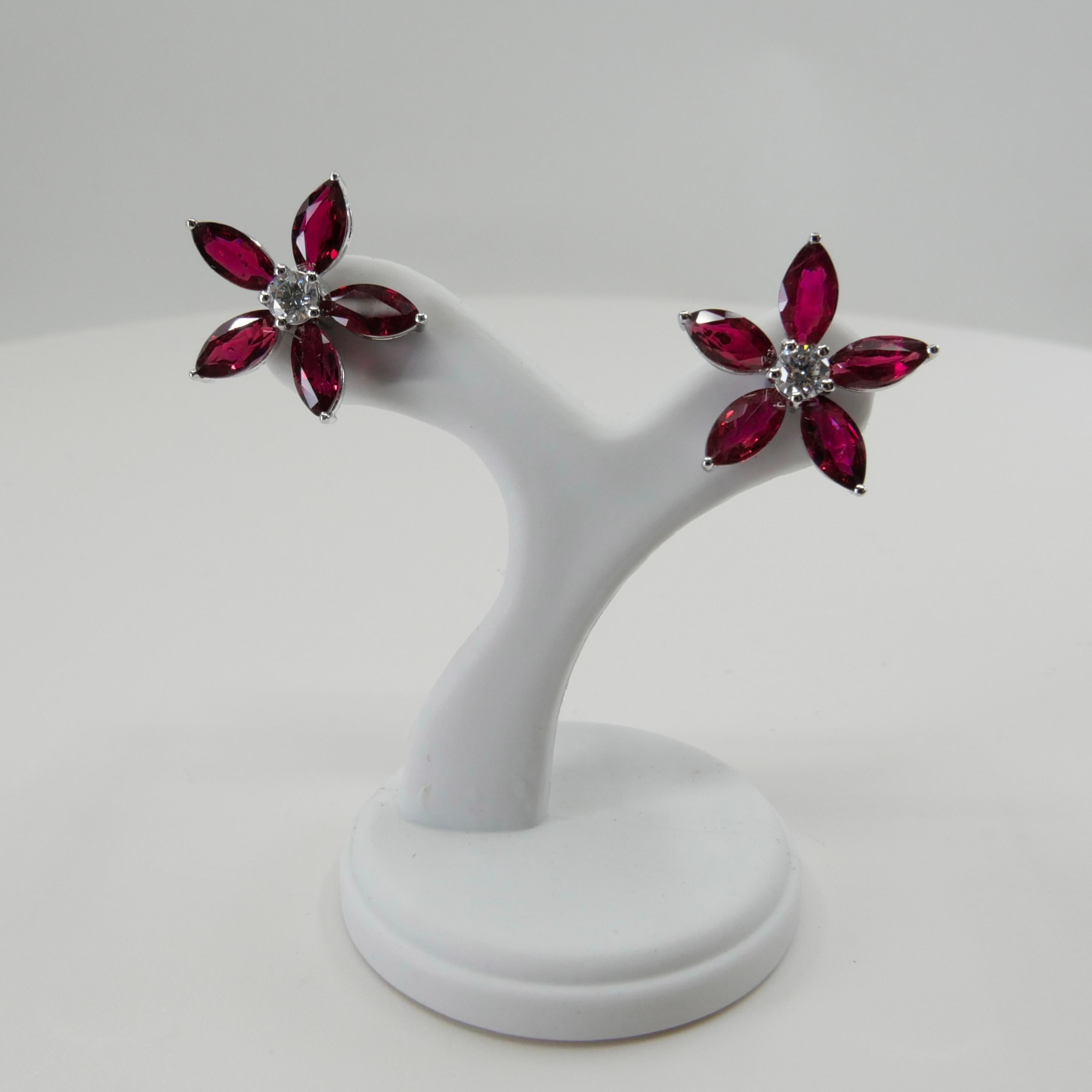 Red Ruby And Diamond Flower Stud Earrings. Simple And Elegant.  For Sale 6