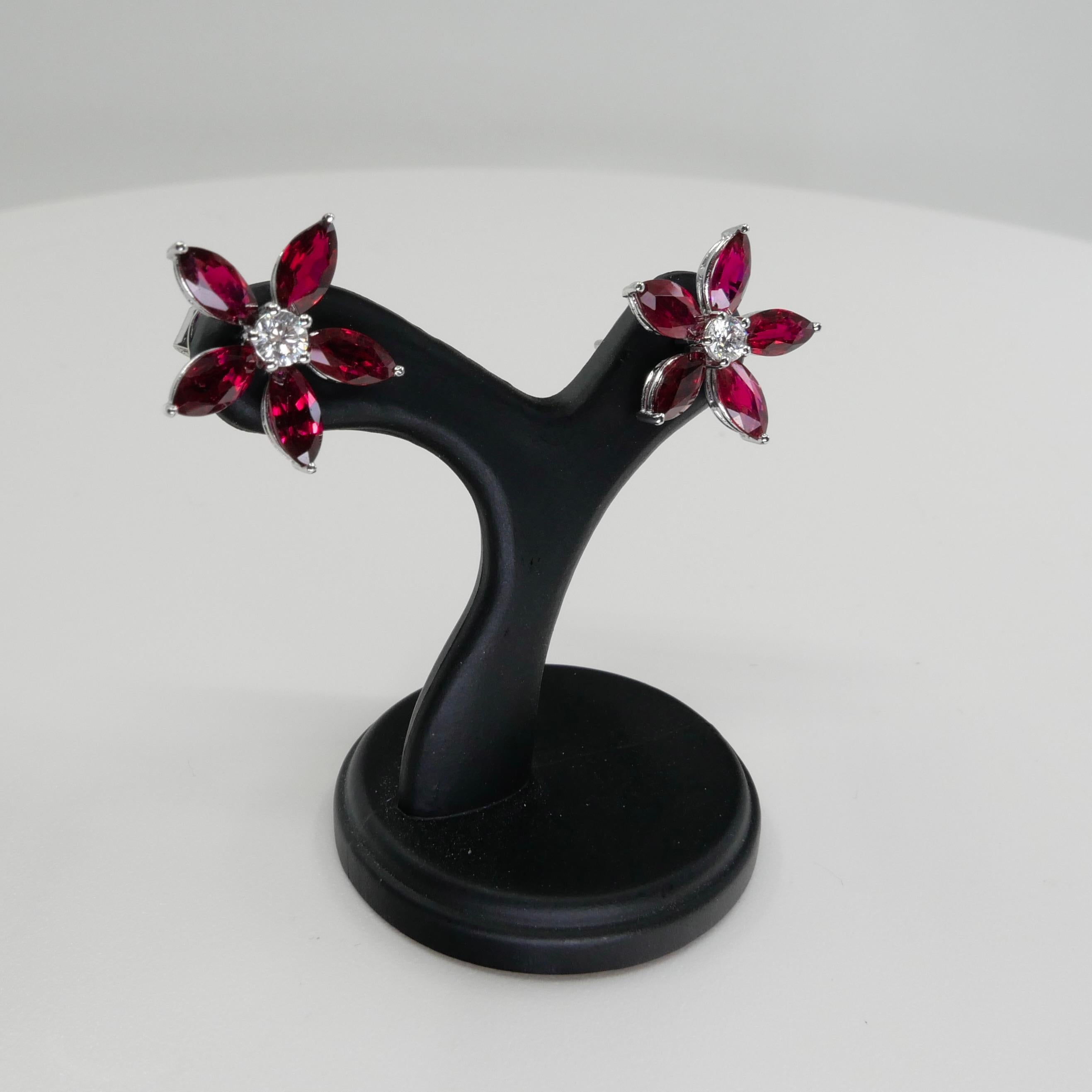 Red Ruby And Diamond Flower Stud Earrings. Simple And Elegant.  For Sale 7