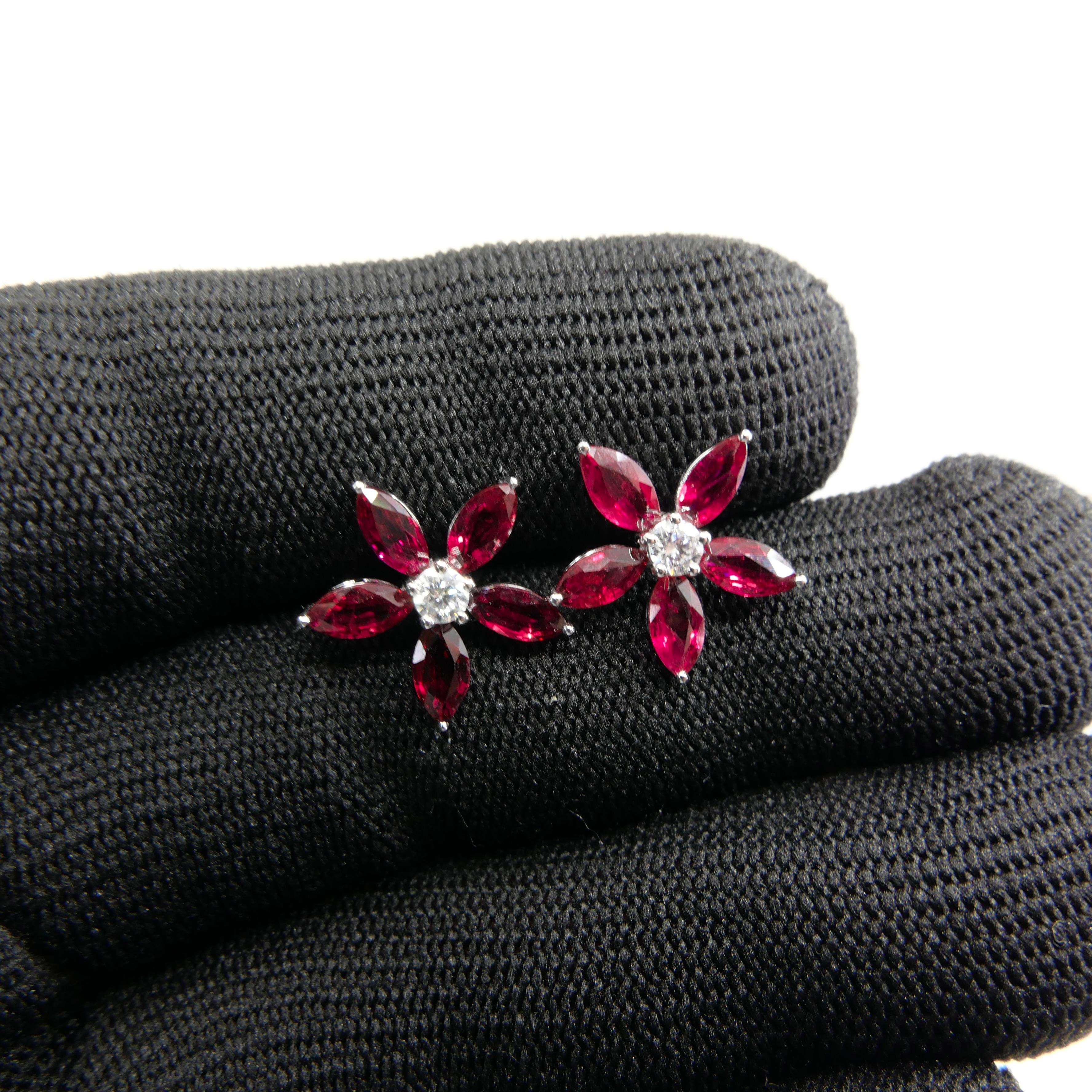 Modern Red Ruby And Diamond Flower Stud Earrings. Simple And Elegant.  For Sale