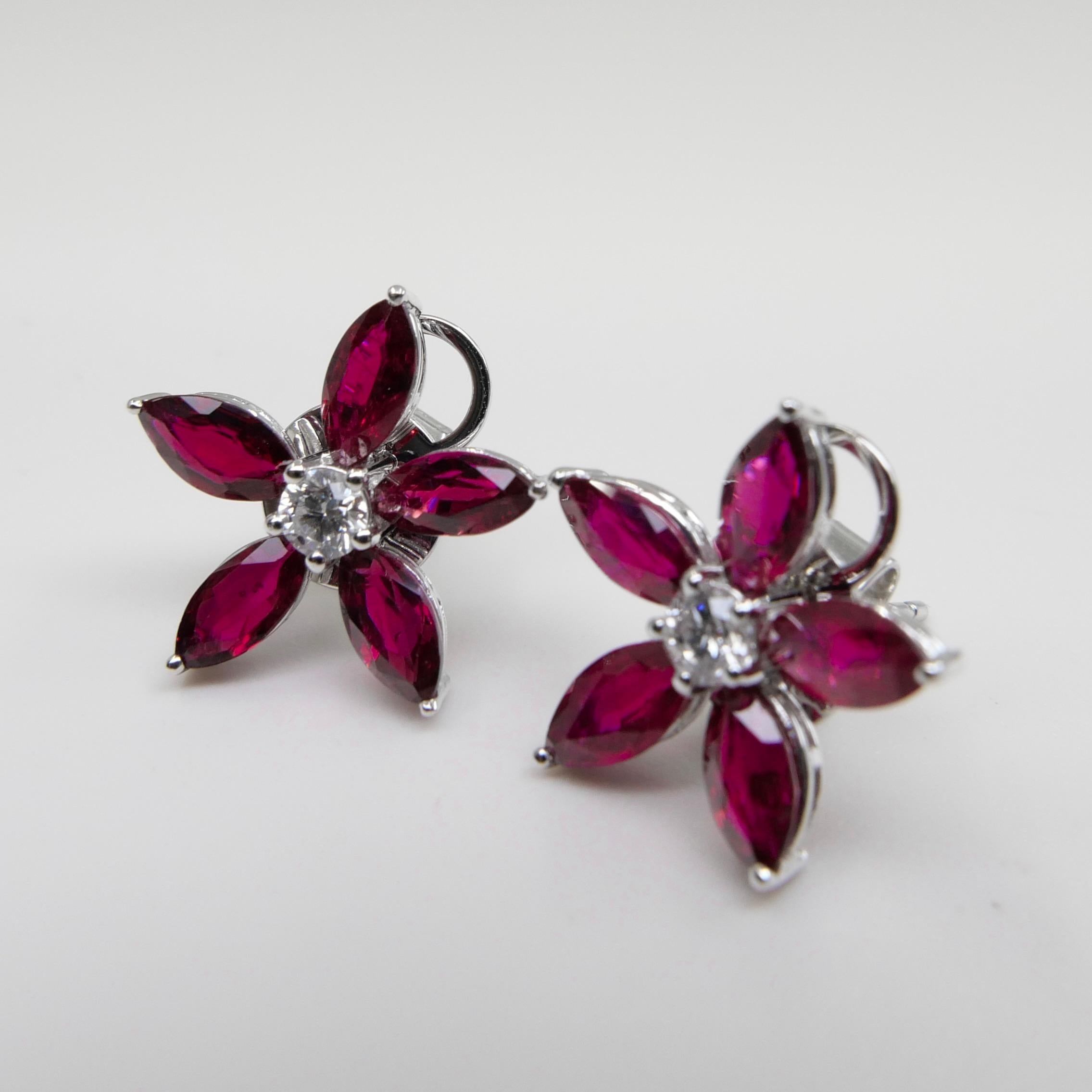 Red Ruby And Diamond Flower Stud Earrings. Simple And Elegant.  In New Condition For Sale In Hong Kong, HK