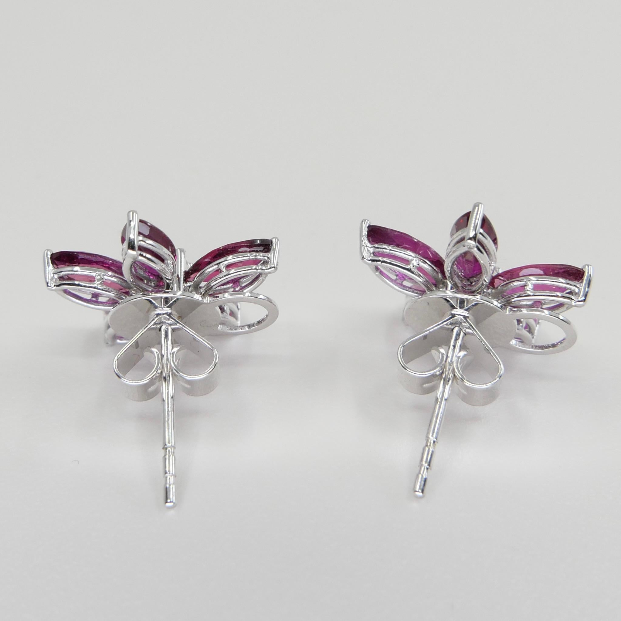 Women's Red Ruby And Diamond Flower Stud Earrings. Simple And Elegant.  For Sale