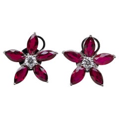 Red Ruby And Diamond Flower Stud Earrings. Simple And Elegant. 