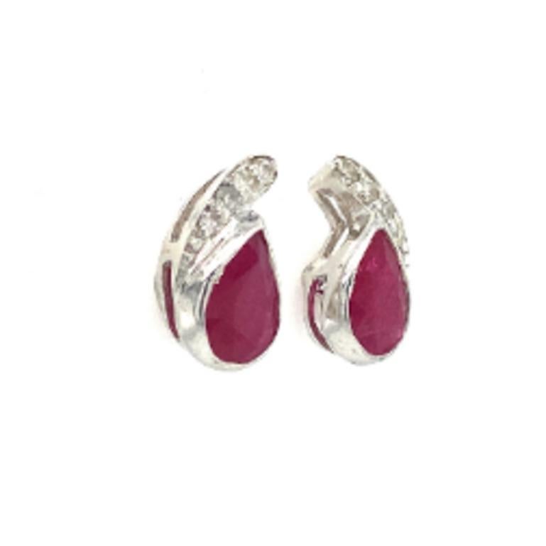 Art Deco Red Ruby and Diamond Paisley Shape Stud Earrings in 925 Sterling Silver for Mom For Sale