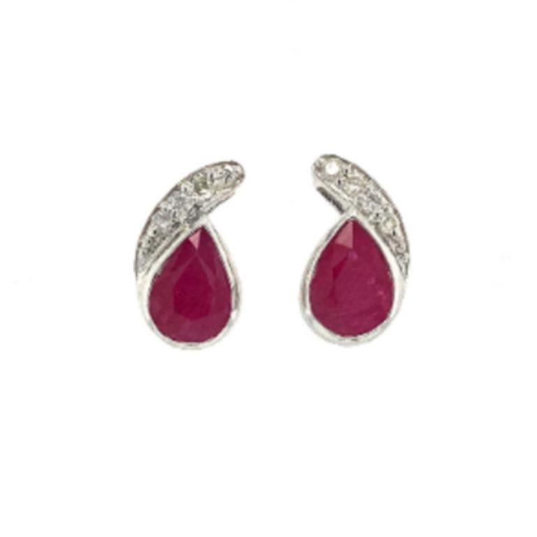 Red Ruby and Diamond Paisley Shape Stud Earrings in 925 Sterling Silver for Her In New Condition For Sale In Houston, TX