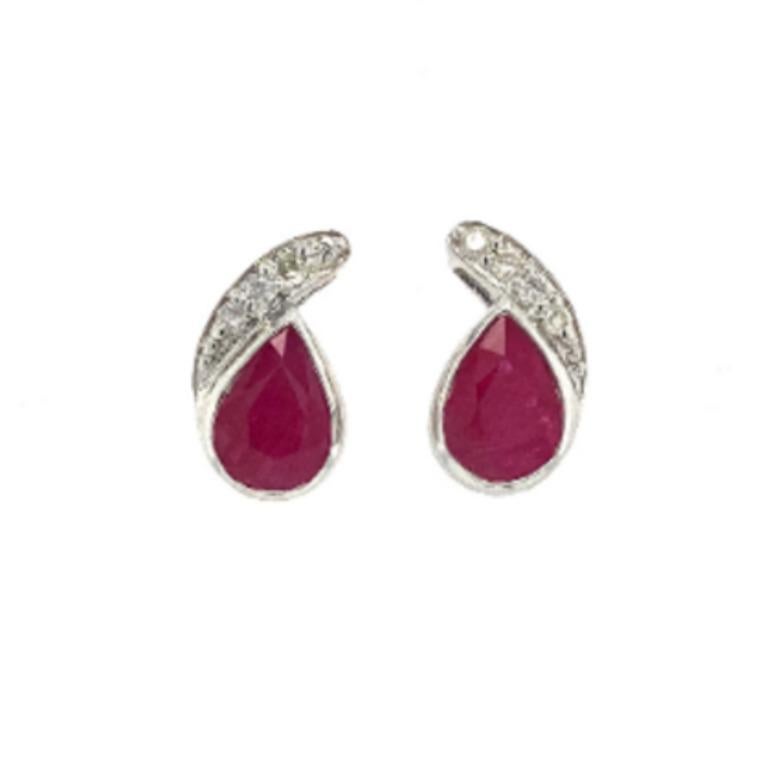 Pear Cut Red Ruby and Diamond Paisley Shape Stud Earrings in 925 Sterling Silver for Mom For Sale