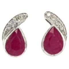 Vintage Red Ruby and Diamond Paisley Shape Stud Earrings in 925 Sterling Silver for Her