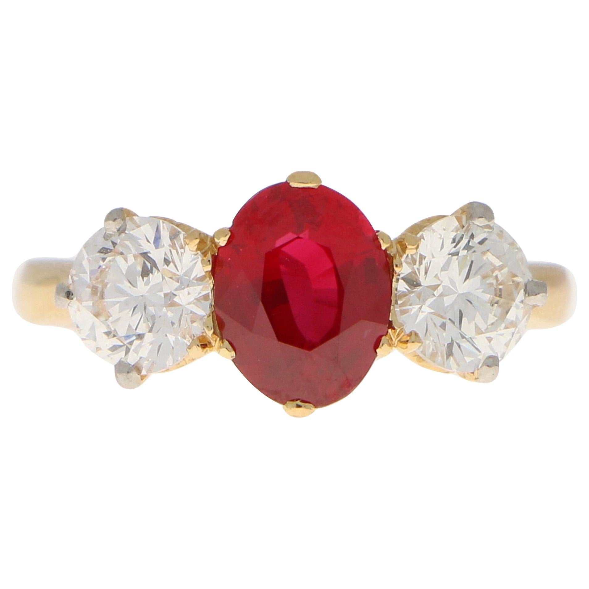 Red Ruby and Diamond Three-Stone Engagement Ring Set in 18 Karat Yellow Gold For Sale