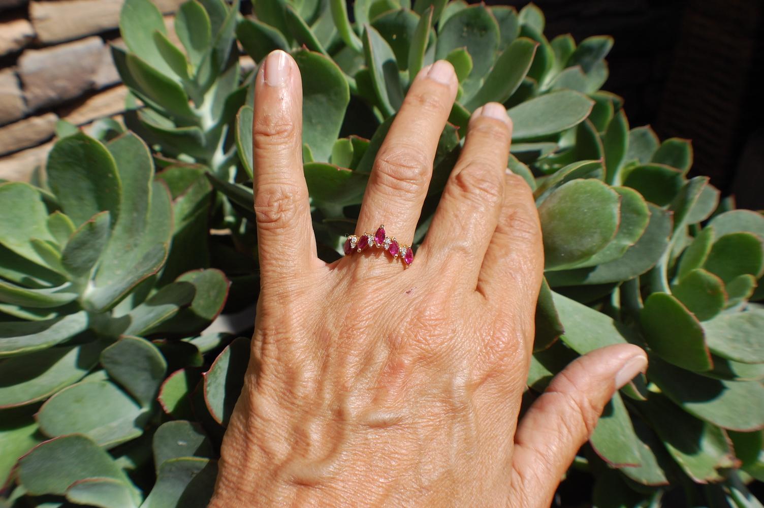 Contemporary Red Ruby and Diamond 'V' Shaped Ring Set in 14 Karat Yellow Gold