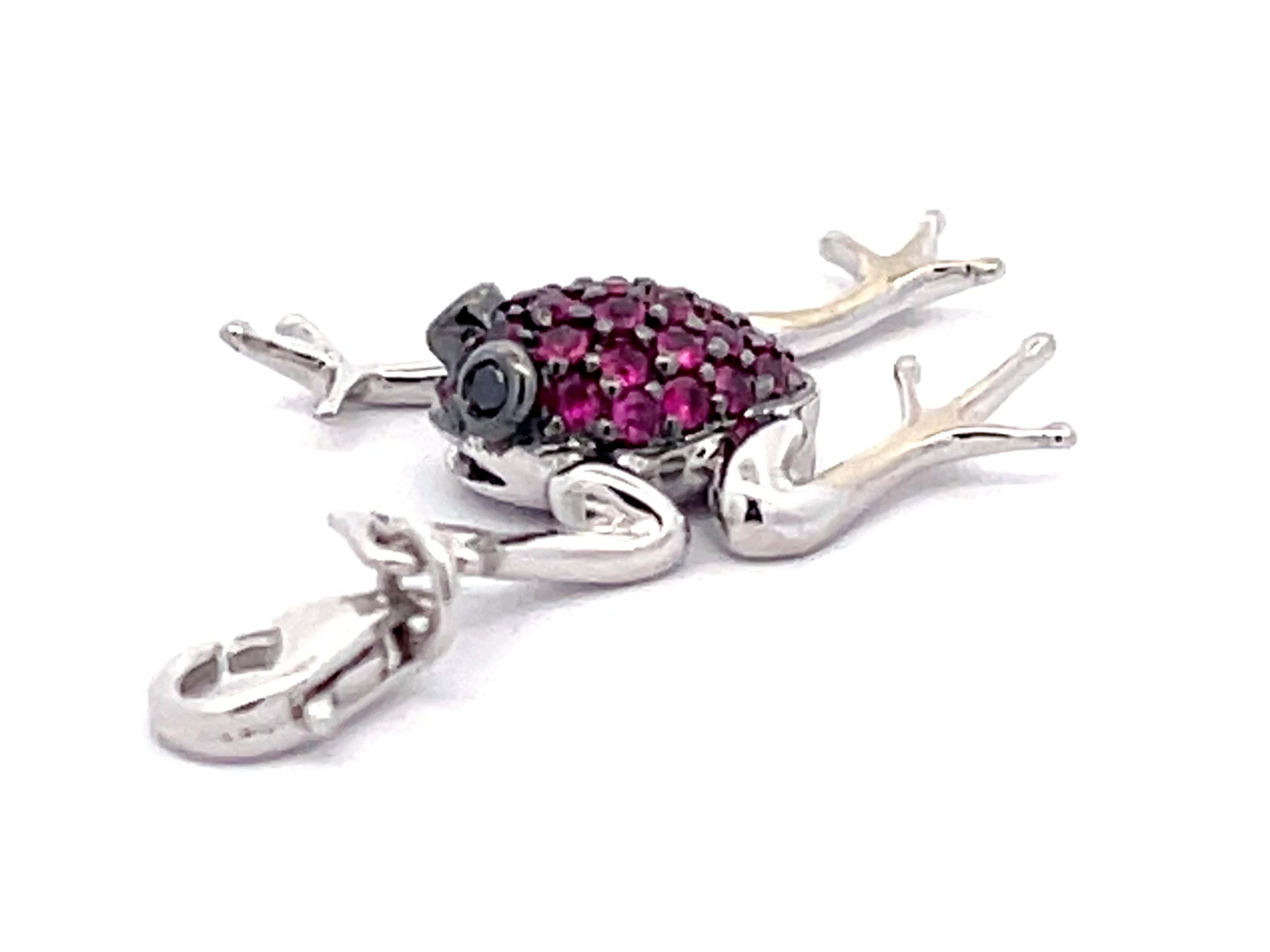 Brilliant Cut Red Ruby & Black Diamond Frog Pendant Charm in 14k White Gold For Sale