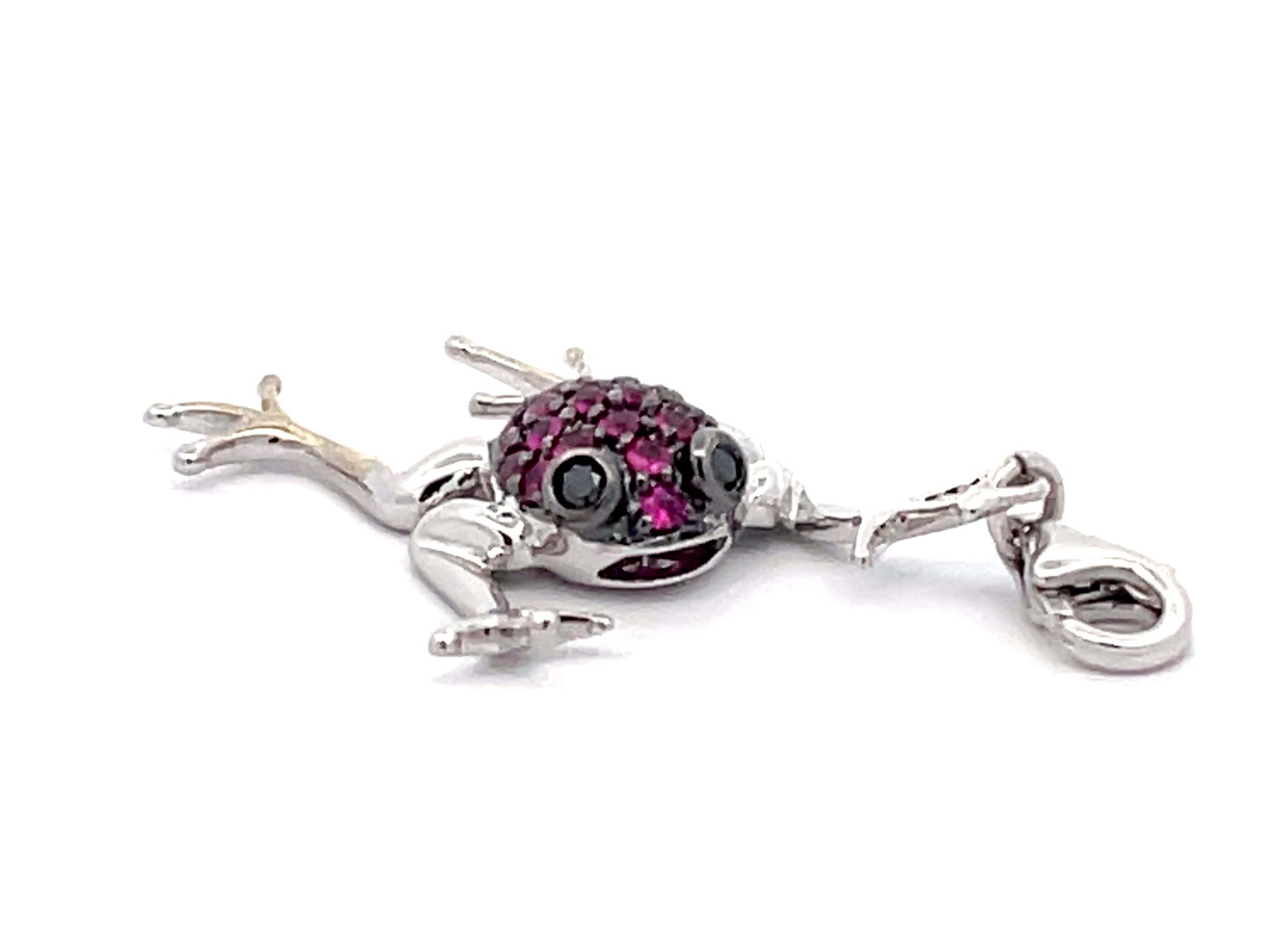 Red Ruby & Black Diamond Frog Pendant Charm in 14k White Gold In Excellent Condition For Sale In Honolulu, HI