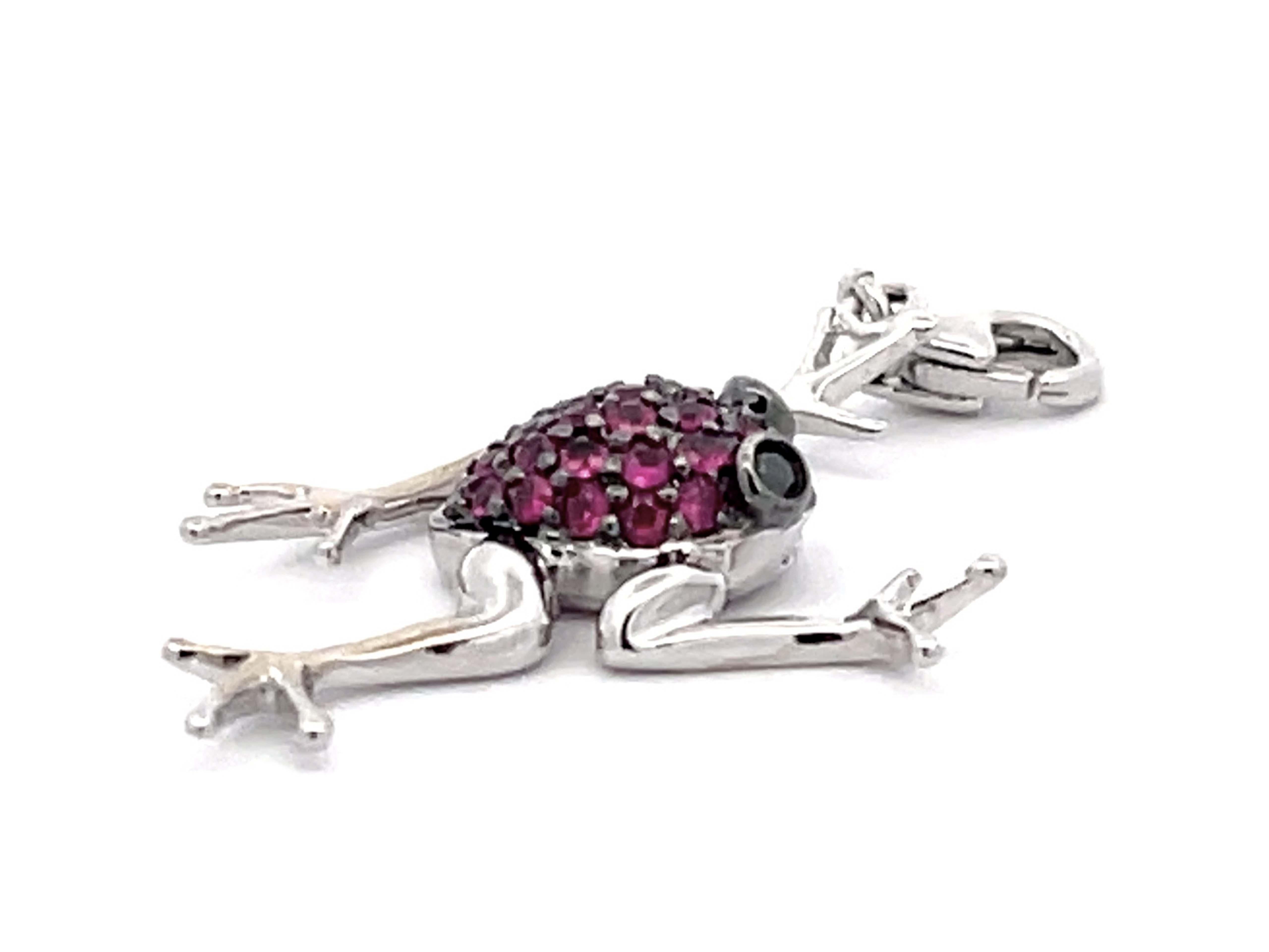 Red Ruby & Black Diamond Frog Pendant Charm in 14k White Gold For Sale 1