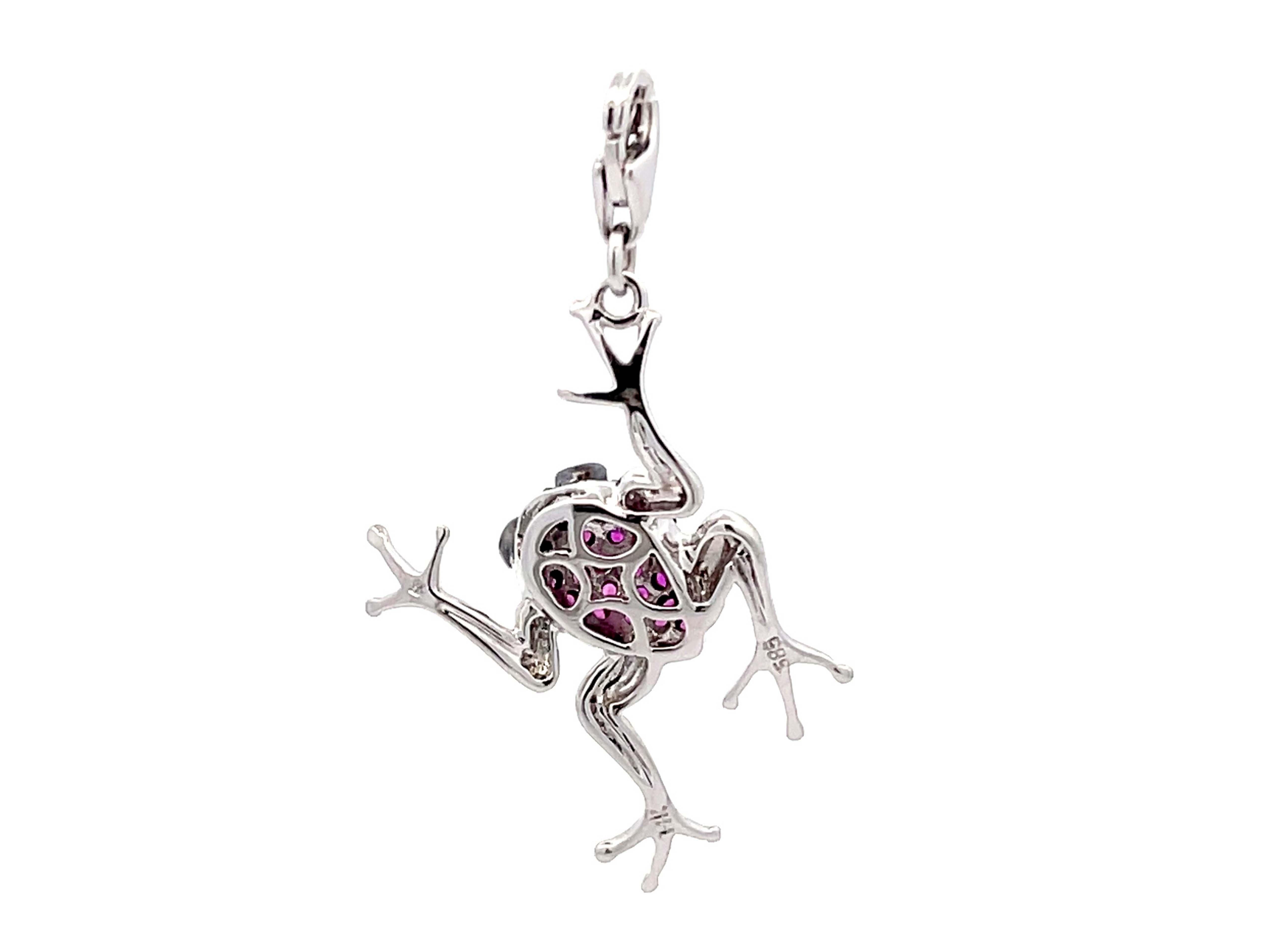Red Ruby & Black Diamond Frog Pendant Charm in 14k White Gold For Sale 3