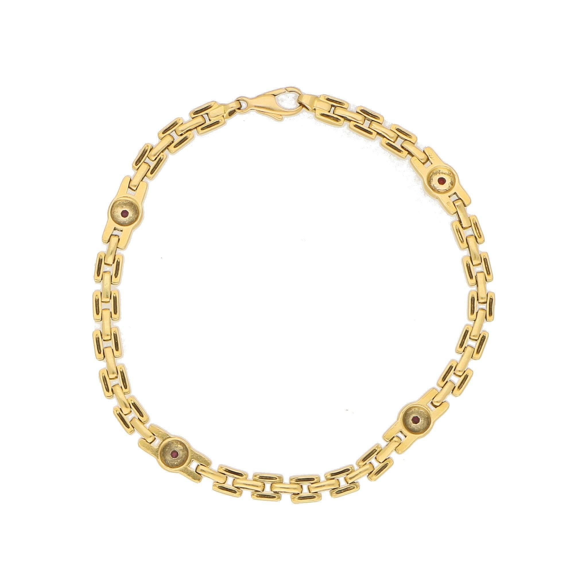 Round Cut Red Ruby Chain Link Bracelet Set in 18 Karat Yellow Gold