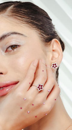 Red Ruby Cherry Blossom Flower Ring with Diamonds in 18k Solid Yellow Gold