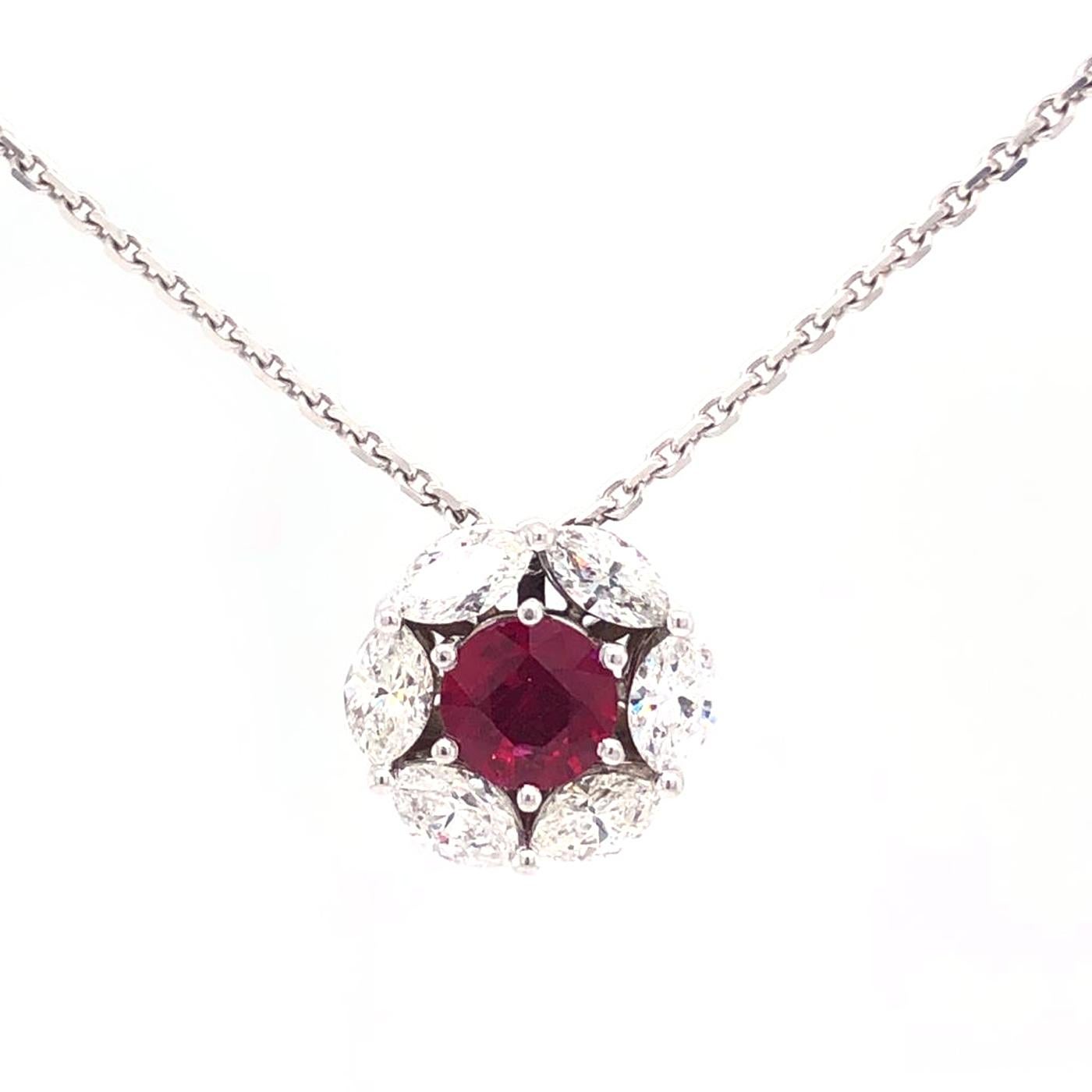 18K White Gold Burma Diamond Shaped Pendant/Necklace. Wear this versatile pendant for some chic sparkle and an unusual mixing of fancy shapes. Non-Heat Burma Red Ruby Diamond Pendant with 1.5tcw weight Marquise total 6 stones 0.25ct each E-F Color