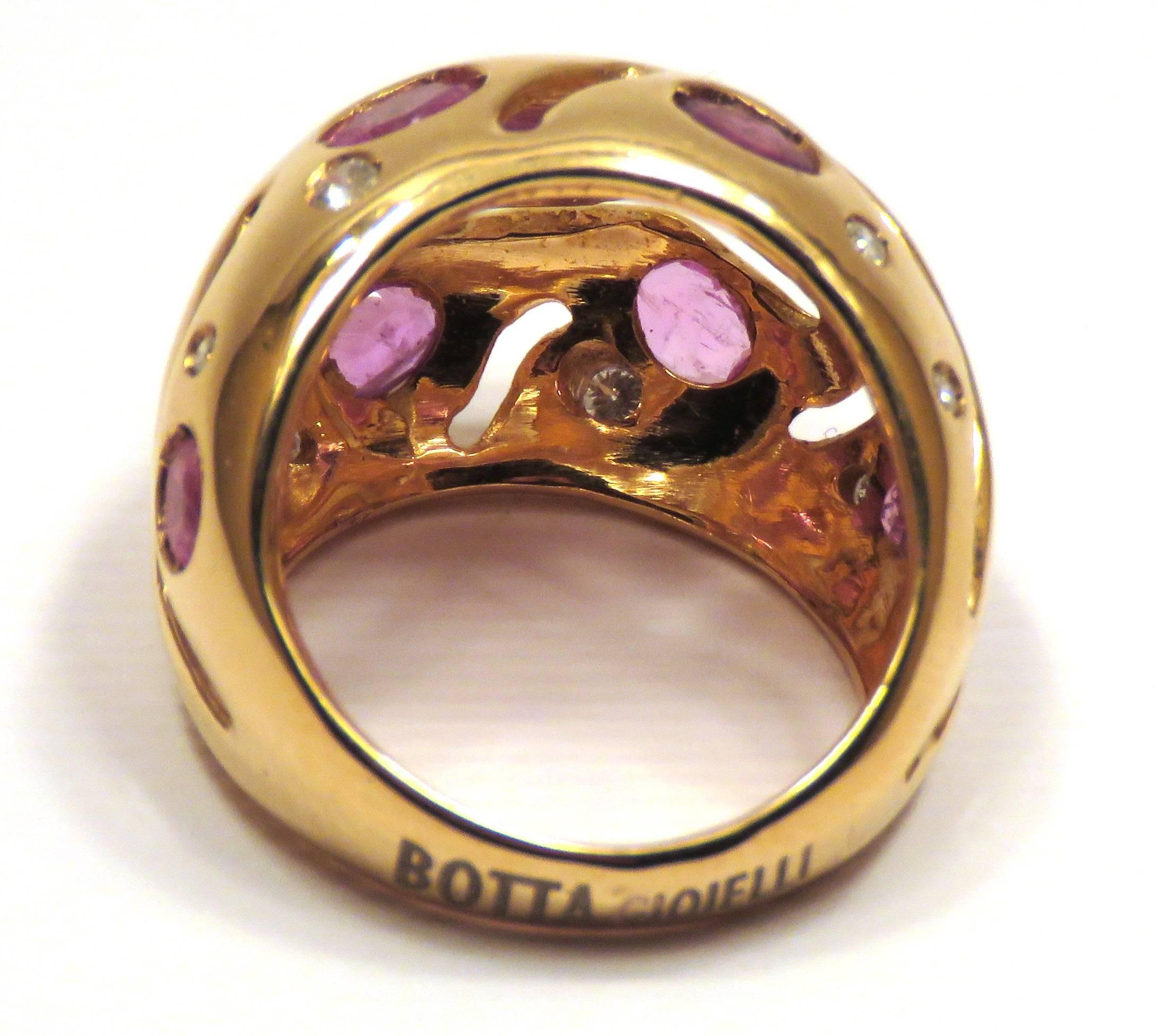 Modern Red Rubies Diamonds 18 Karat Rose Gold Cocktail Ring Handcrafted In Italy For Sale
