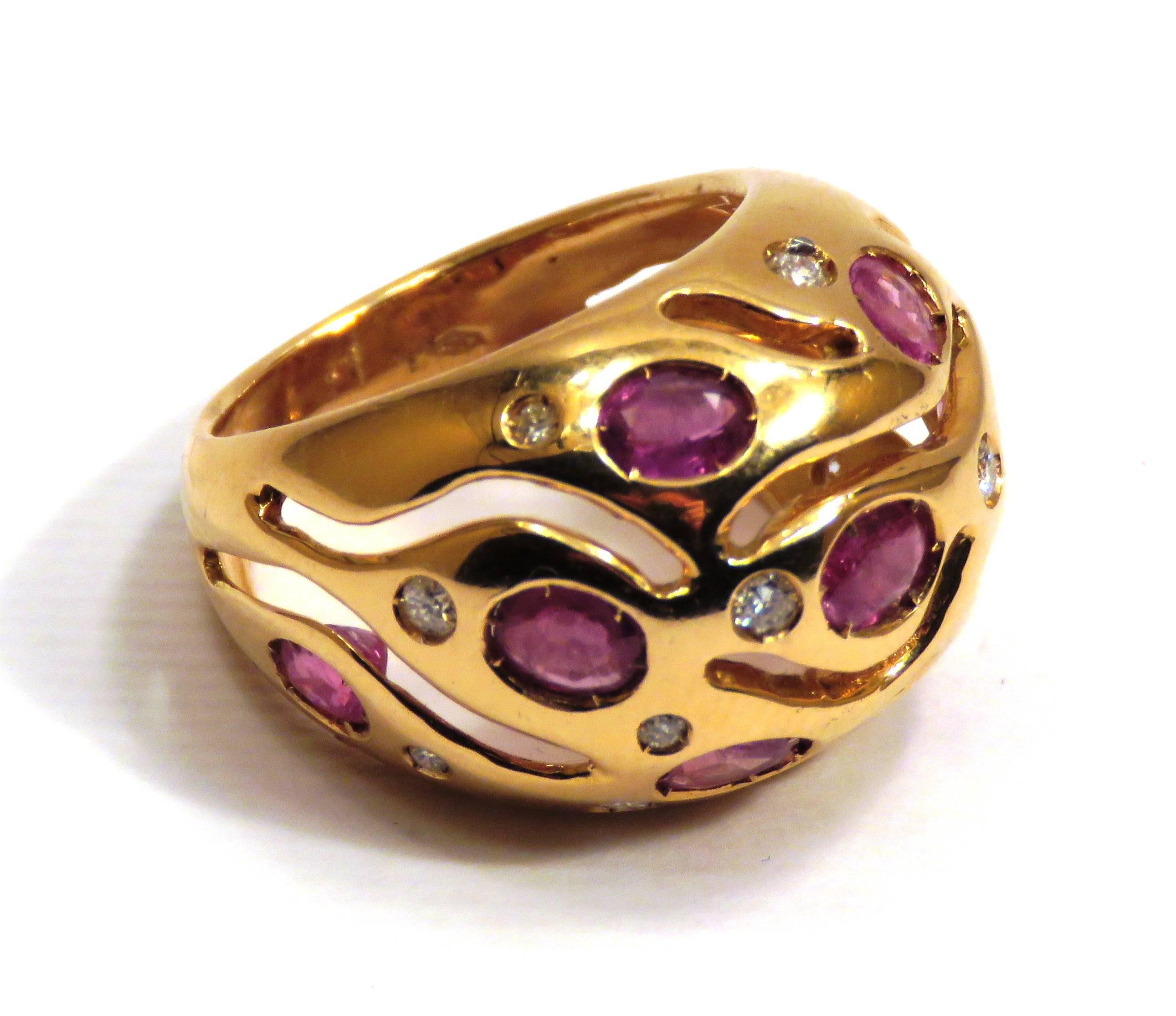 Brilliant Cut Red Rubies Diamonds 18 Karat Rose Gold Cocktail Ring Handcrafted In Italy For Sale