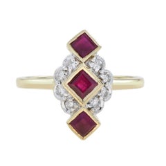 Red Ruby Diamonds Vintage Style Vertical Three Stone 14K Yellow Gold Ring