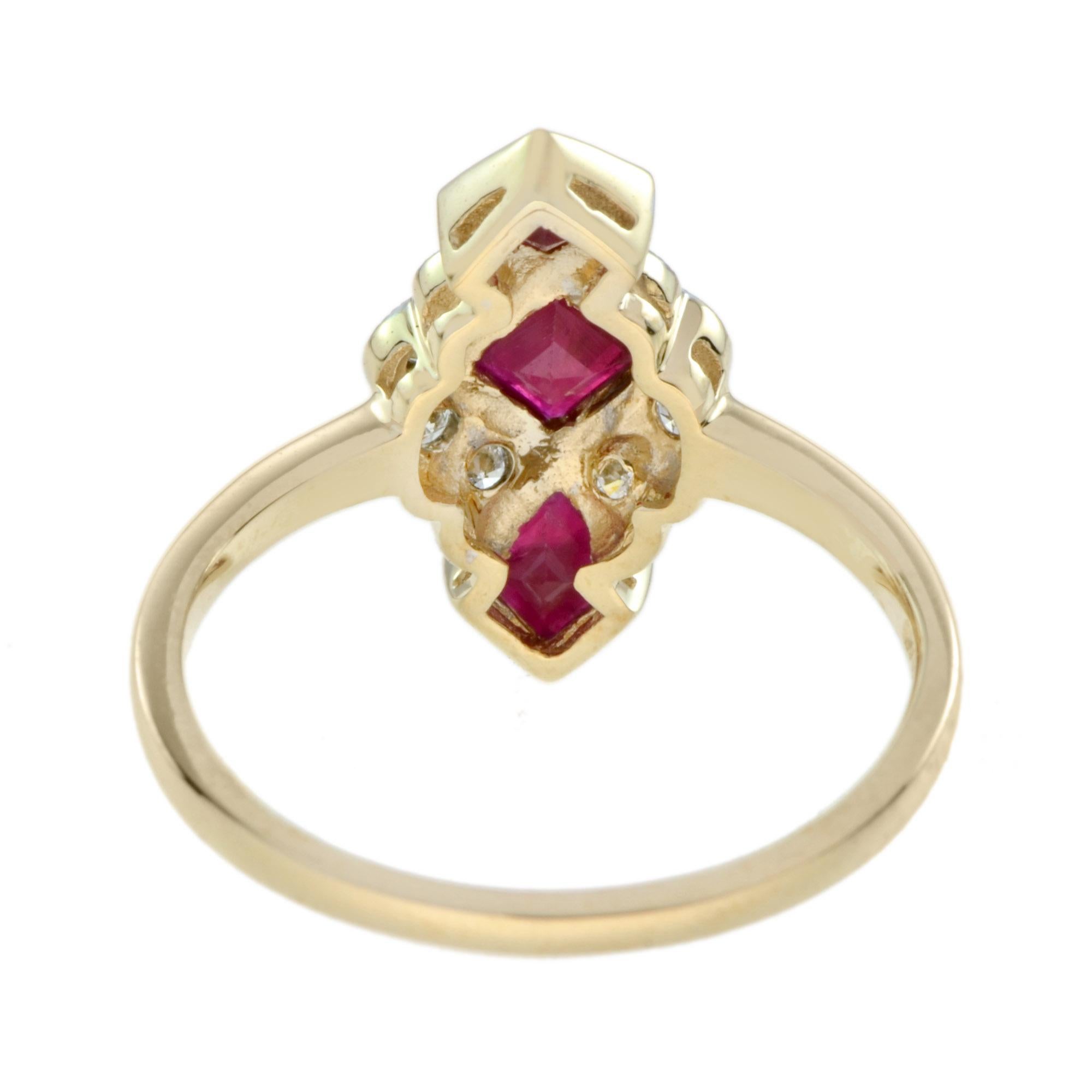 Art Déco Anello con tre pietre verticali in oro giallo 14K con diamanti rossi e rubino vintage in vendita
