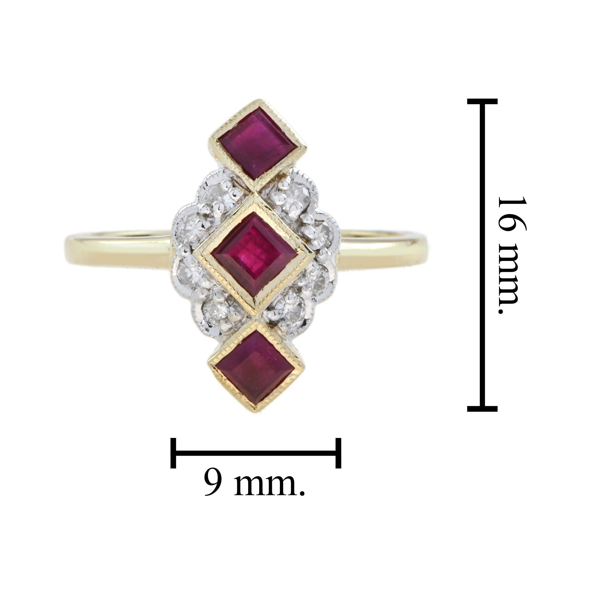 da uomo o donna Anello con tre pietre verticali in oro giallo 14K con diamanti rossi e rubino vintage in vendita