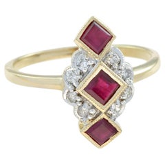 Red Ruby Diamonds Vintage Style Vertical Three Stone 14K Yellow Gold Ring