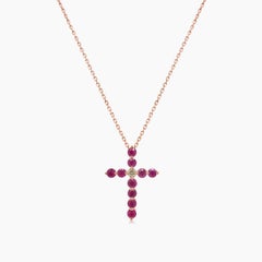 Red Ruby & Fancy Diamond 18K Rose Gold Cross Pendant Necklace
