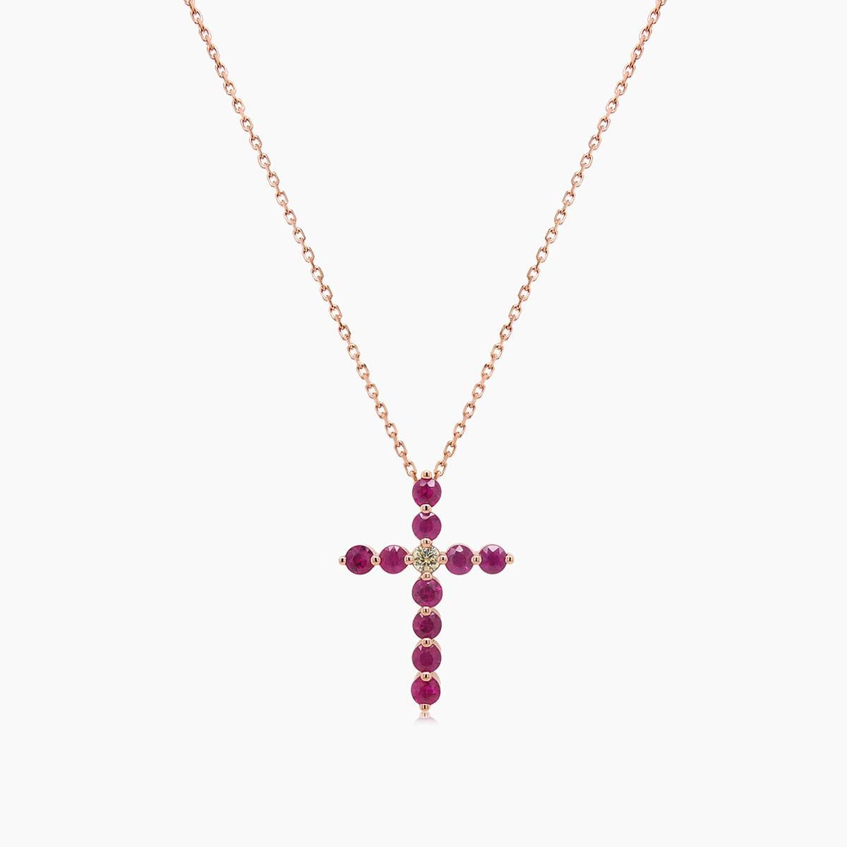 Mixed Cut Red Ruby & Fancy Diamond 18K Rose Gold Cross Pendant Necklace For Sale