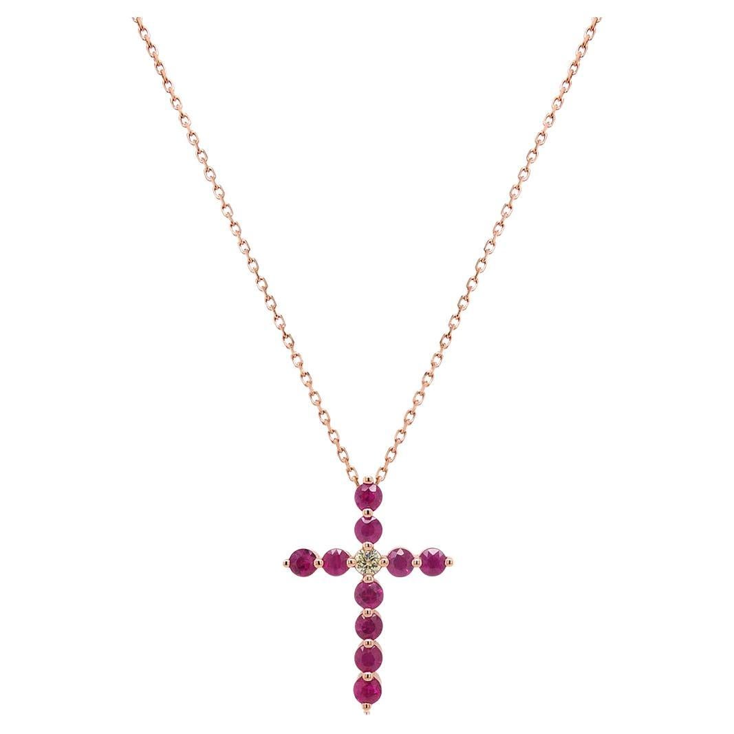 Red Ruby & Fancy Diamond 18K Rose Gold Cross Pendant Necklace