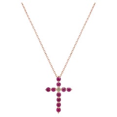Red Ruby & Fancy Diamond 18K Rose Gold Cross Pendant Necklace