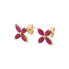 Red Ruby Floral Stud Earrings Gift For Her Set in 14k Solid Yellow Gold