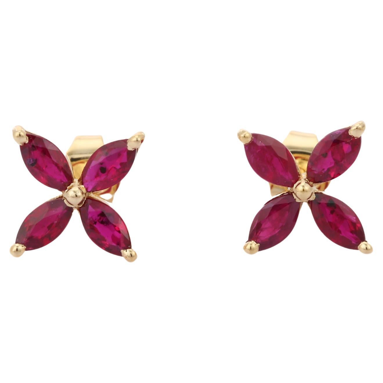 Red Ruby Floral Stud Earrings Gift For Her Set in 14k Solid Yellow Gold