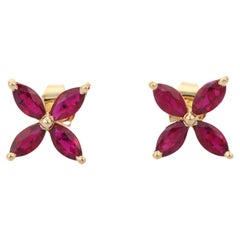 Red Ruby Floral Stud Earrings Gift For Her Set in 14k Solid Yellow Gold Red Ruby Floral Stud Earrings Gift For Her Set in 14k Solid Yellow Gold