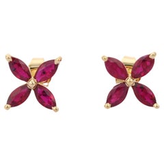 Red Ruby Floral Stud Earrings Gift For Her Set in 14k Solid Yellow Gold