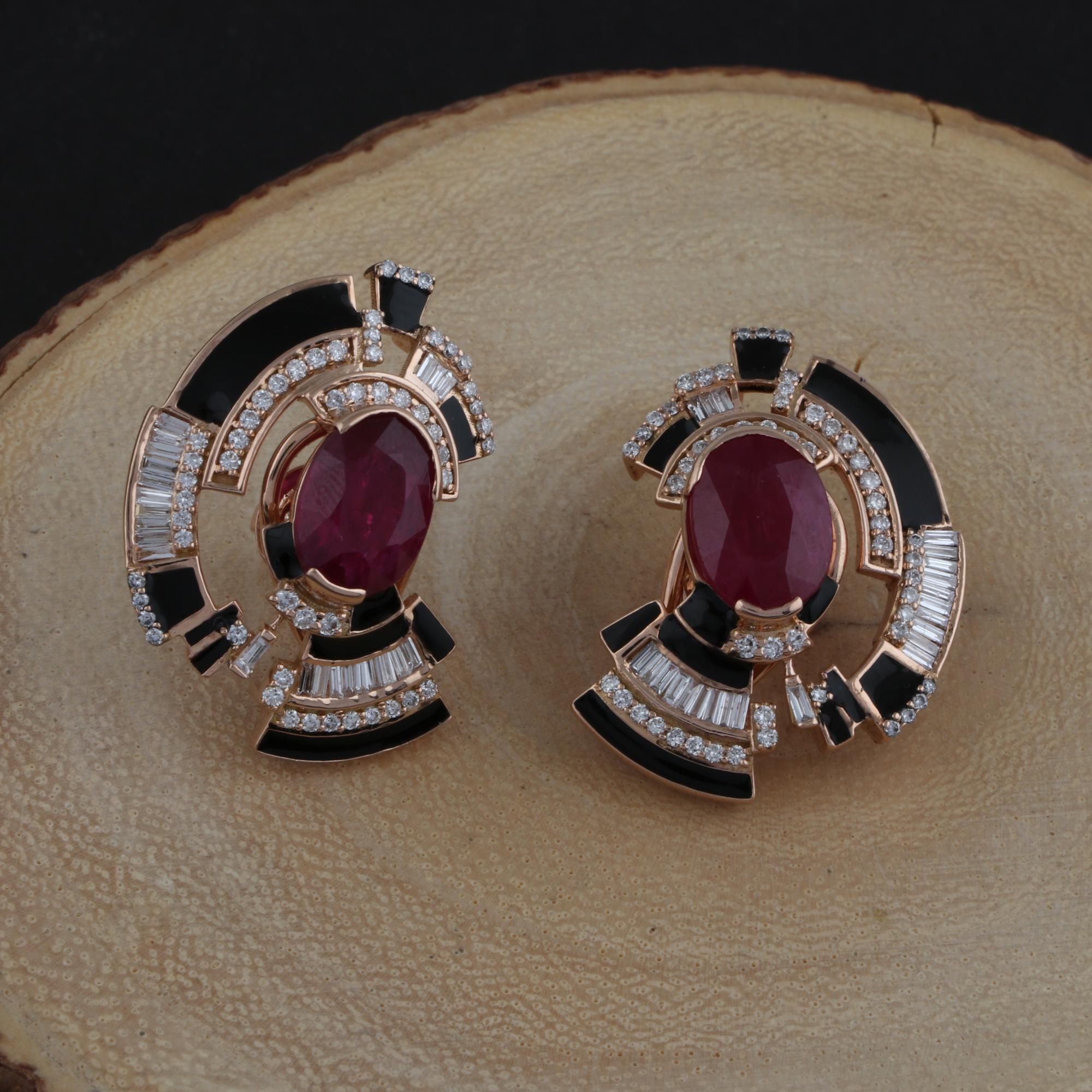 Modern Red Ruby Gemstone Enamel Stud Earrings Baguette Pave Diamond Solid 14k Rose Gold For Sale