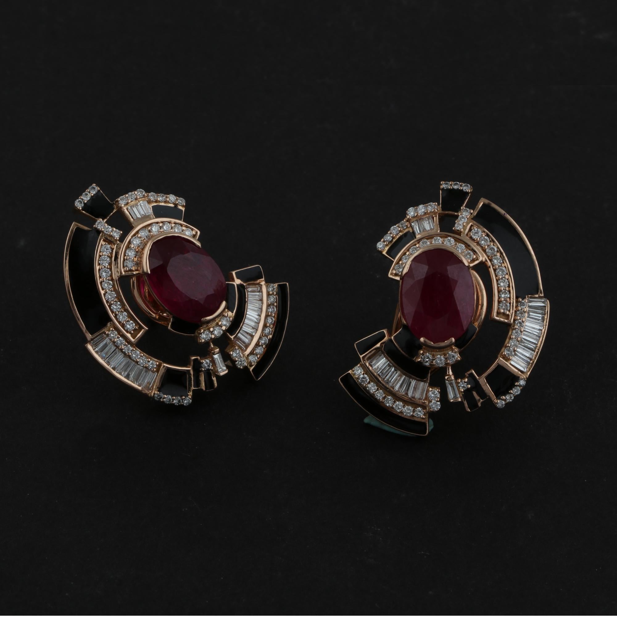 Oval Cut Red Ruby Gemstone Enamel Stud Earrings Baguette Pave Diamond Solid 14k Rose Gold For Sale