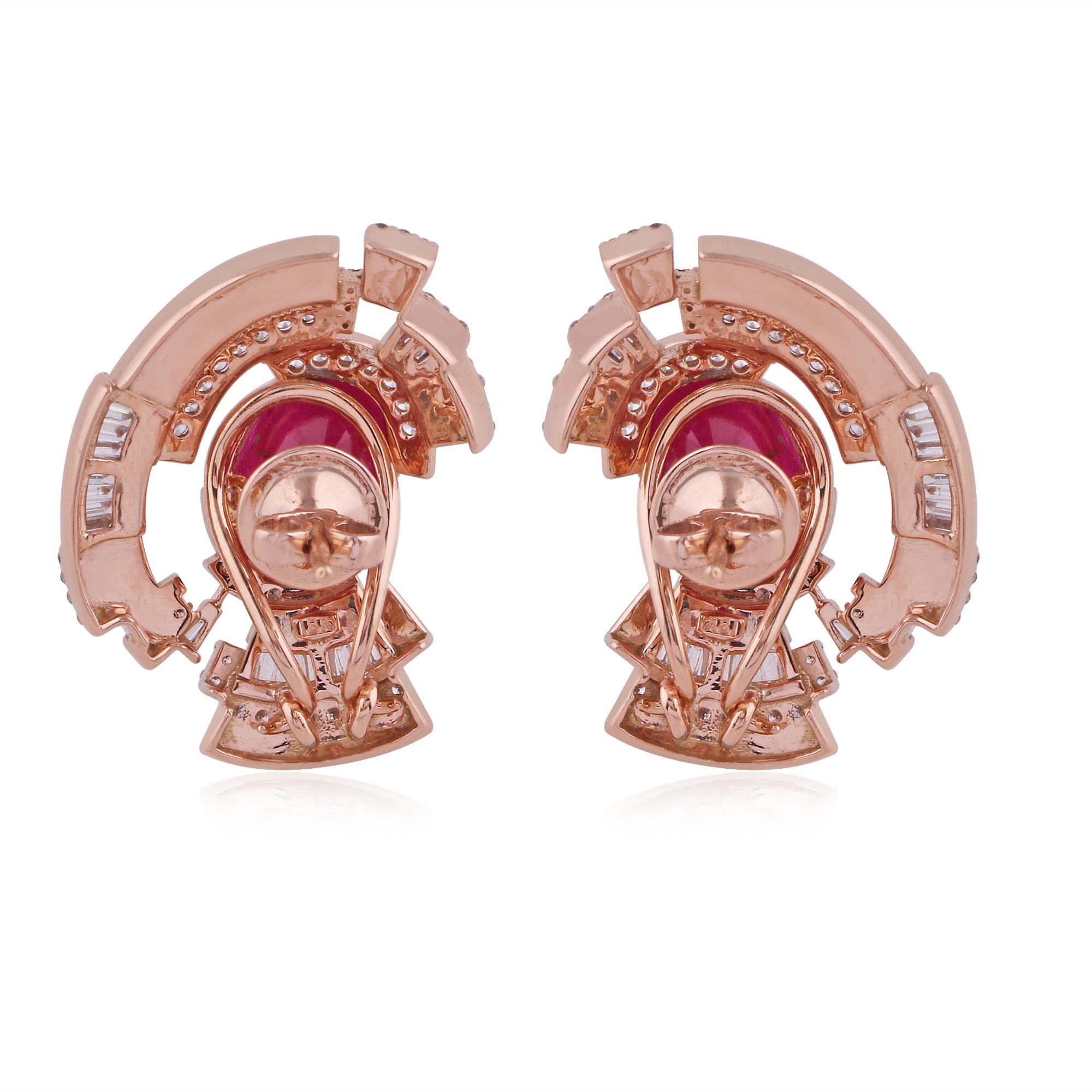 Red Ruby Gemstone Enamel Stud Earrings Baguette Pave Diamond Solid 14k Rose Gold For Sale 1