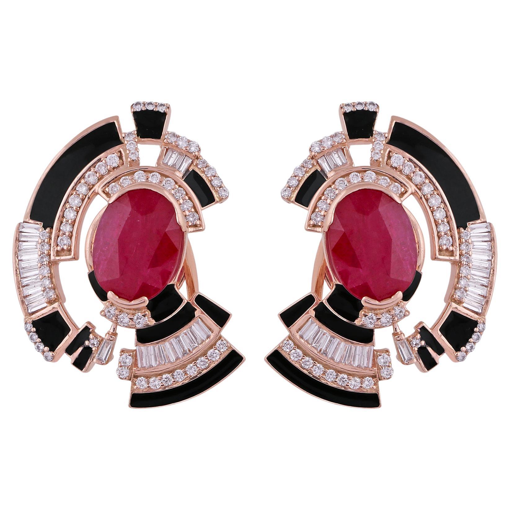Red Ruby Gemstone Enamel Stud Earrings Baguette Pave Diamond Solid 14k Rose Gold For Sale