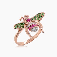 Red Ruby & Green Garnet and Diamond Pave Bee 18K Rose Gold Animal Ring