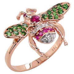 Red Ruby & Green Garnet and Diamond Pave Bee 18K Rose Gold Animal Ring