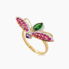 Red Ruby Green Garnet & Diamond Pave Purple Sapphire 18K Gold Fly Ring