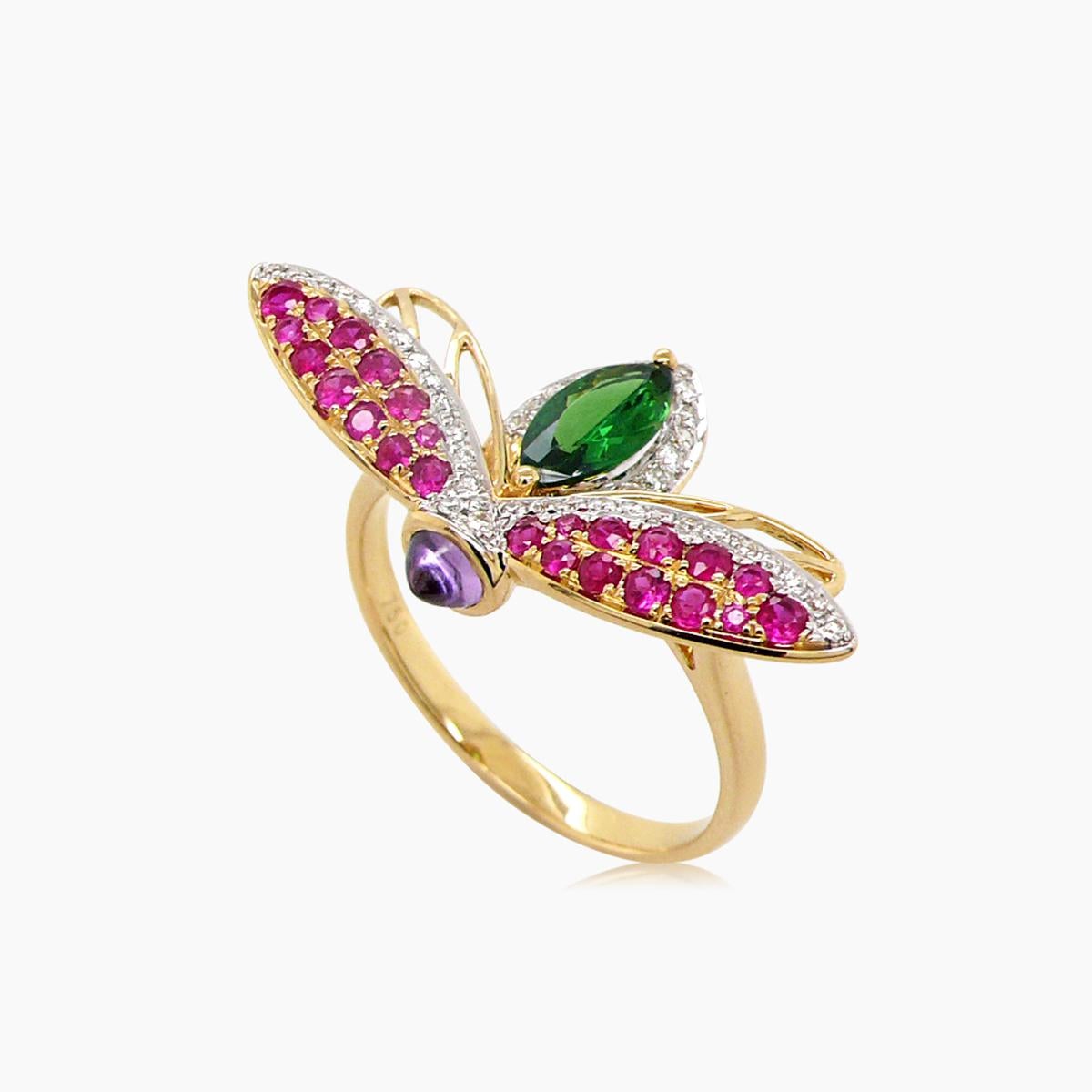 Red Ruby Green Garnet & Diamond Pave Purple Sapphire 18K Gold Fly Ring In New Condition For Sale In Oakton, VA