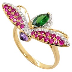 Red Ruby Green Garnet & Diamond Pave Purple Sapphire 18K Gold Fly Ring