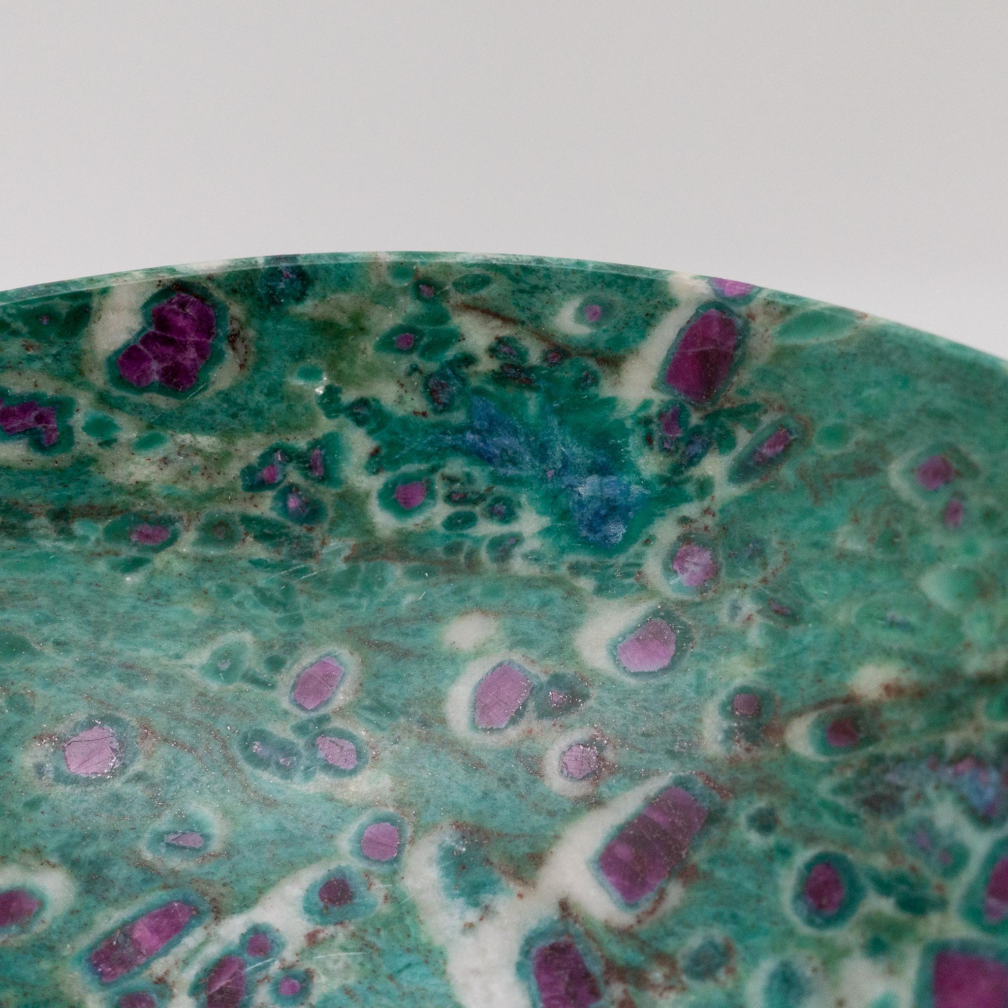Hand-Carved Red Ruby in Green Fuchsite Semi-Precious Footed Stone Bowl